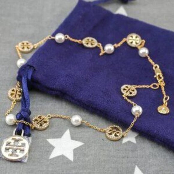 Tory Burch Miller Pav?? Pearl Short Necklace in Gold - Picture 2 of 5